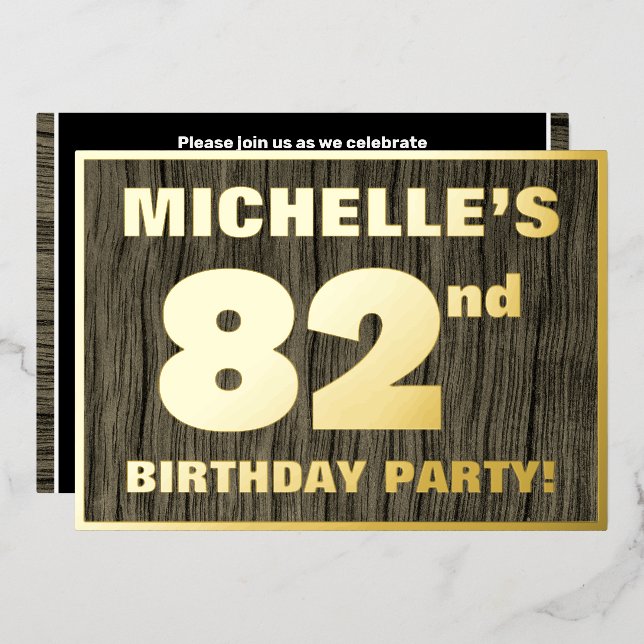 82nd Birthday Party: Bold, Faux Wood Grain Pattern Foil Invitation (Front/Back)
