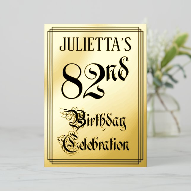 82nd Birthday Party — Elegant Script + Custom Name Foil Invitation (Standing Front)