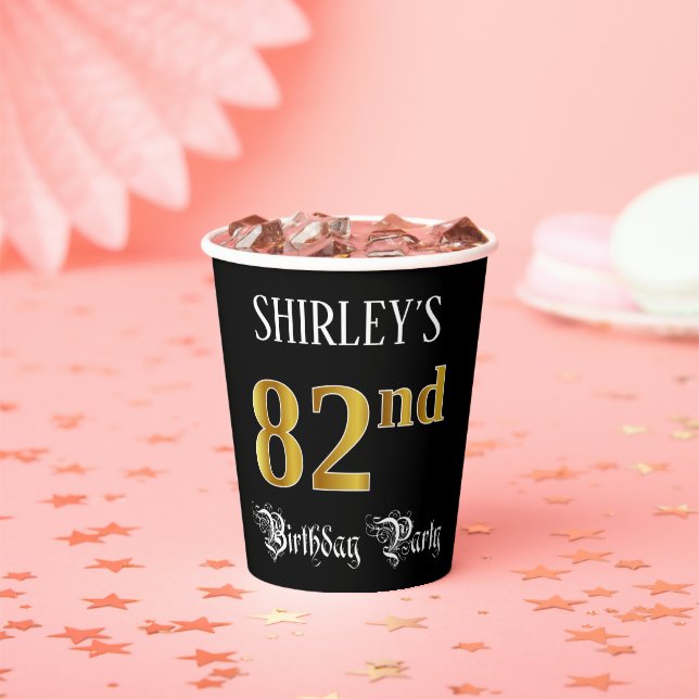 82nd Birthday Party — Fancy Script, Faux Gold Look Paper Cups (Insitu)