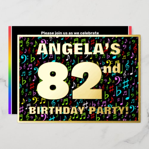 82nd Birthday Party â Fun Colorful Music Symbols Foil Invitation