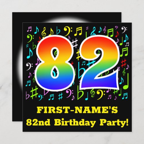 82nd Birthday Party Fun Music Symbols Rainbow 82 Invitation
