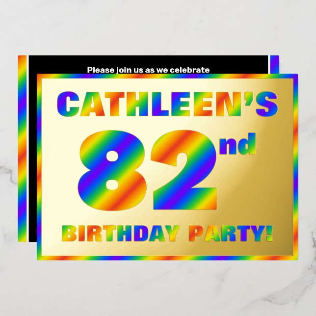 82nd Birthday Party — Fun, Rainbow Spectrum “82” Foil Invitation (Front/Back)