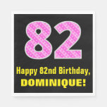 [ Thumbnail: 82nd Birthday: Pink Stripes and Hearts "82" + Name Napkins ]
