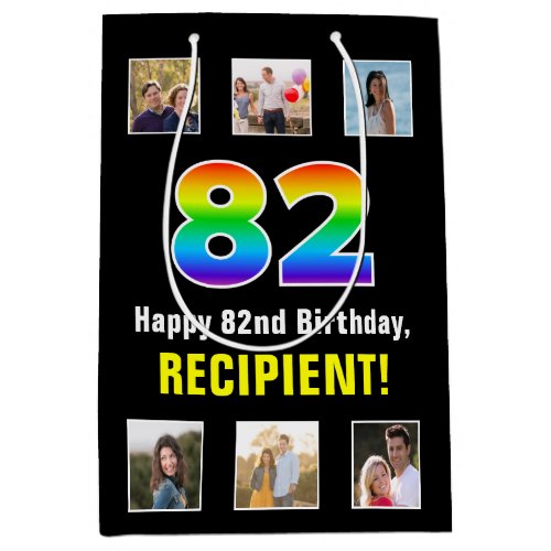 82nd Birthday Rainbow âœ82âœ Custom Photos  Name Medium Gift Bag
