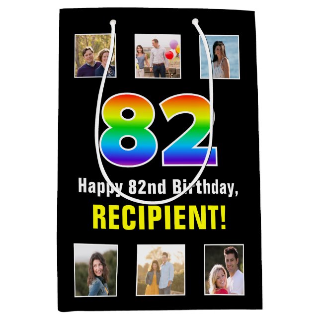 82nd Birthday: Rainbow “82“, Custom Photos & Name Medium Gift Bag (Front)