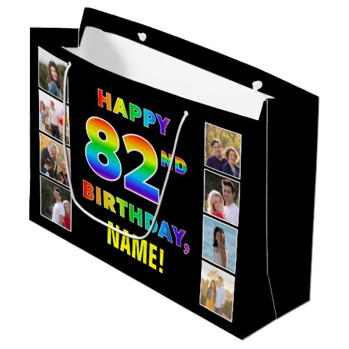 82nd Birthday Rainbow Text Custom Photos  Name Large Gift Bag