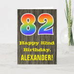 [ Thumbnail: 82nd Birthday: Rustic Faux Wood Look, Rainbow "82" Card ]