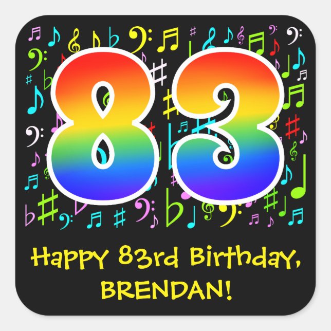 83rd Birthday: Colorful Music Symbols, Rainbow 83 Square Sticker (Front)