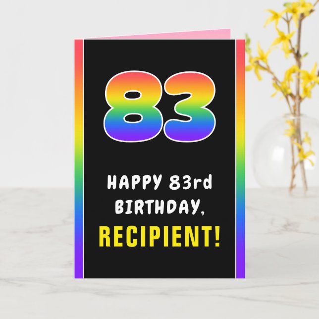 83rd Birthday: Colorful Rainbow # 83, Custom Name Card (Yellow Flower)
