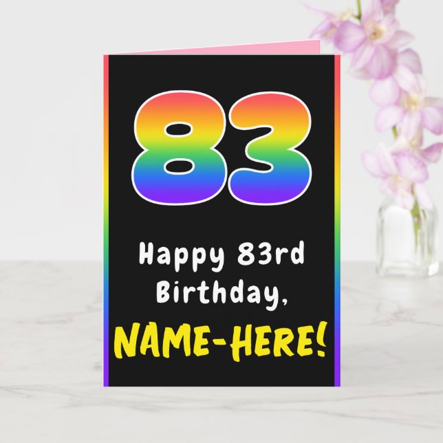 83rd Birthday: Colorful Rainbow # 83, Custom Name Card (Orchid)