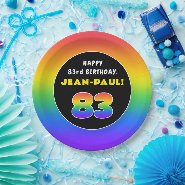 83rd Birthday: Colorful Rainbow # 83, Custom Name Paper Plates (Party)