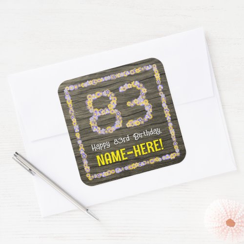 83rd Birthday Floral Number Faux Wood Look Name Square Sticker