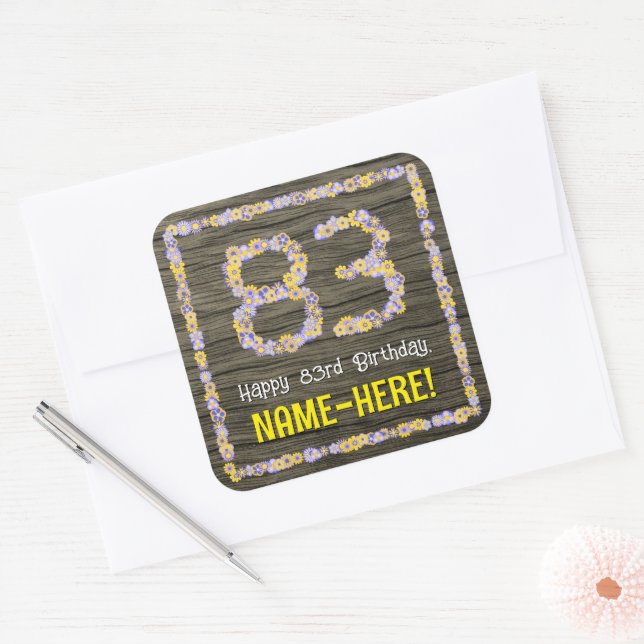 83rd Birthday: Floral Number, Faux Wood Look, Name Square Sticker (Envelope)