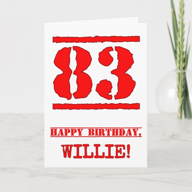 83rd Birthday: Fun, Red Rubber Stamp Inspired Look Card (Front)