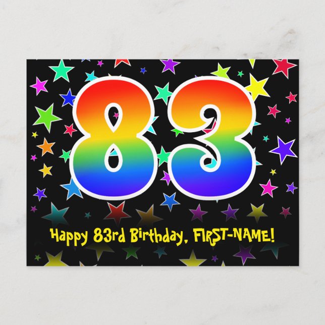 83rd Birthday: Fun Stars Pattern, Rainbow 83, Name Postcard (Front)