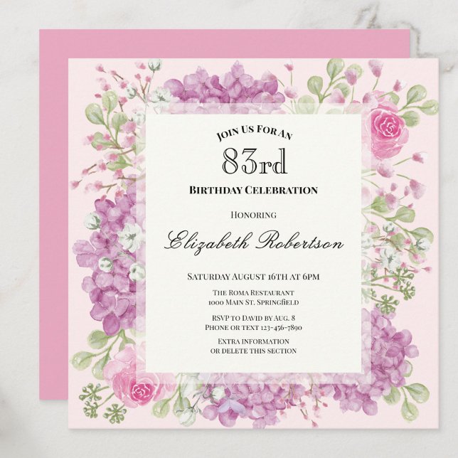 83rd Birthday Invitation Elegant Pink Flowers (Creator Uploaded)