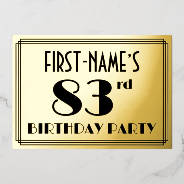 83rd Birthday Party — Art Deco Look “83” + Name Foil Invitation (Front)
