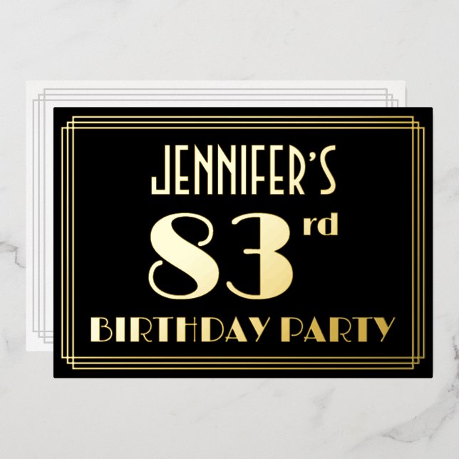 83rd Birthday Party: Art Deco Look “83”, w/ Name Foil Invitation (Front/Back)