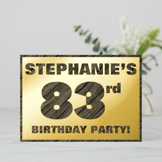 83rd Birthday Party — Bold, Faux Wood Grain Text Foil Invitation (Standing Front)