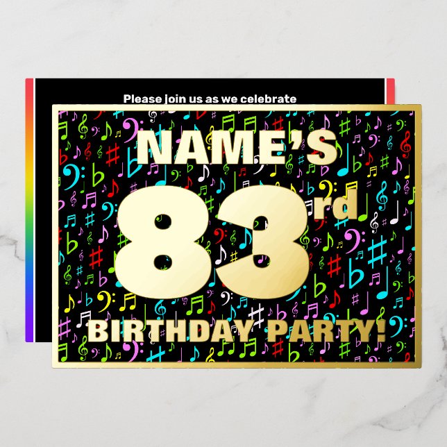 83rd Birthday Party — Fun, Colorful Music Symbols Foil Invitation (Front/Back)