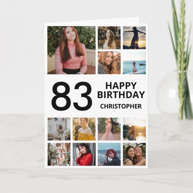 83rd Birthday Photo Collage 13 Photos Black White Card (Front)