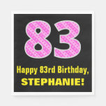 [ Thumbnail: 83rd Birthday: Pink Stripes and Hearts "83" + Name Napkins ]