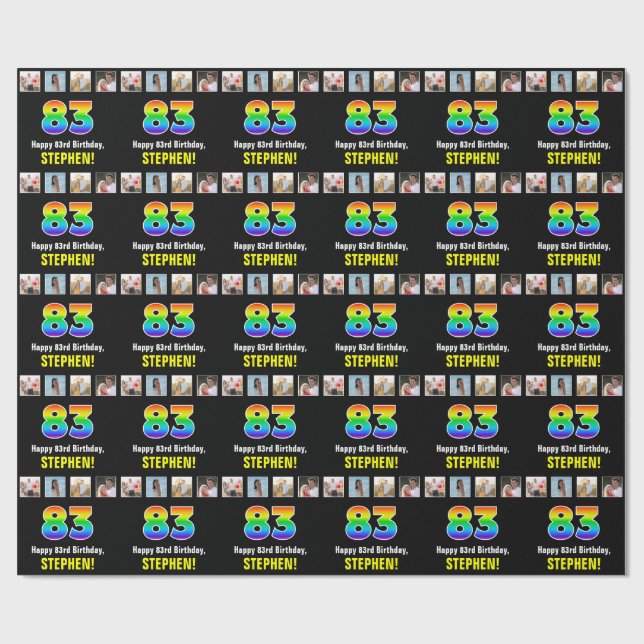 83rd Birthday: Rainbow “83“; Custom Photos & Name Wrapping Paper (Flat)