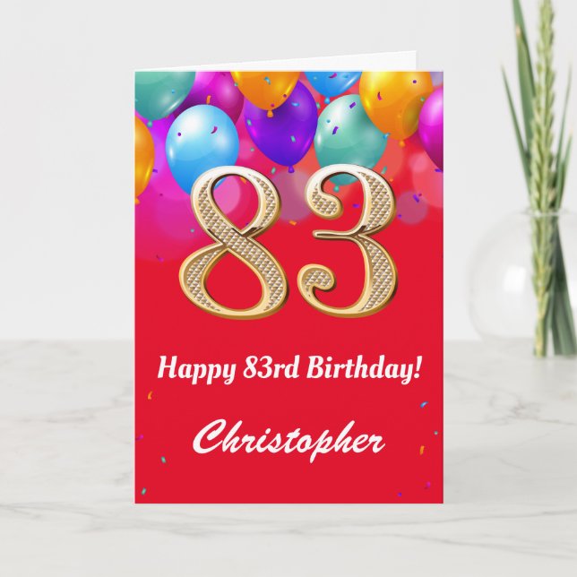 83rd Birthday Red and Gold Colorful Balloons Card (Front)