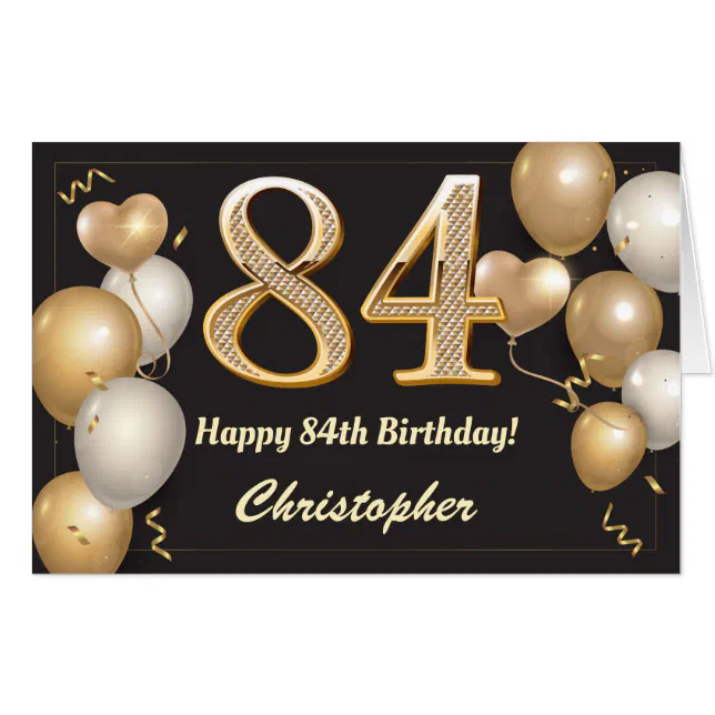 84th Birthday Black and Gold Balloons Extra Large Card | Zazzle