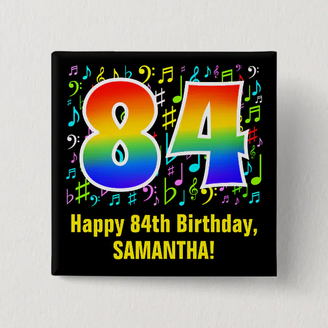 84th Birthday: Colorful Music Symbols, Rainbow 84 Button | Zazzle