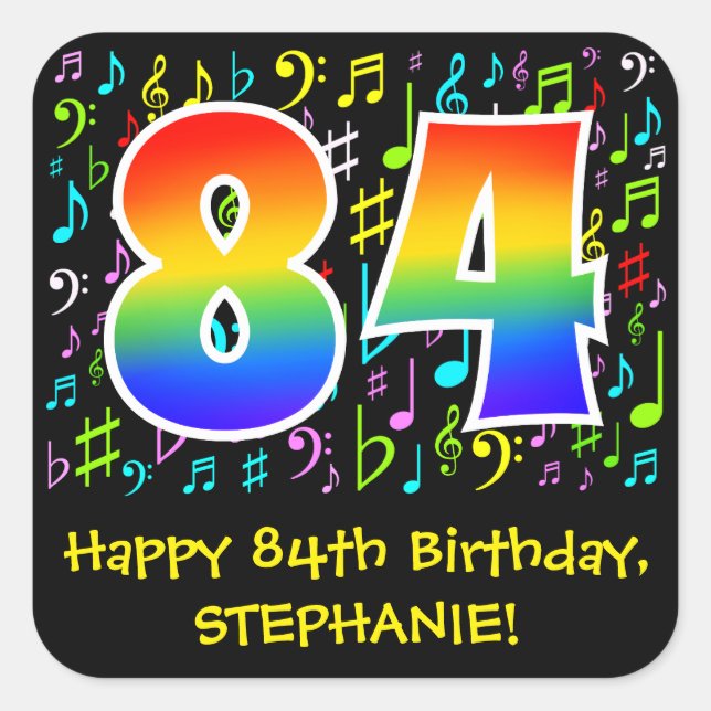 84th Birthday: Colorful Music Symbols, Rainbow 84 Square Sticker (Front)