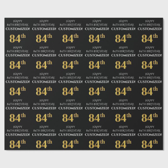 84th Birthday: Elegant, Black, Faux Gold Look Wrapping Paper (Flat)