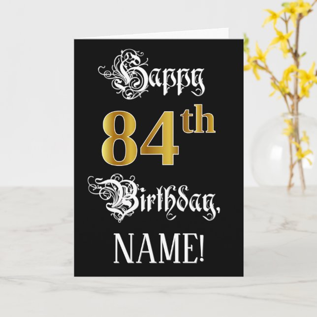 84th Birthday — Fancy Script; Faux Gold Look; Name Card (Yellow Flower)