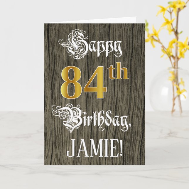 84th Birthday: Faux Gold Look + Faux Wood Pattern Card (Yellow Flower)