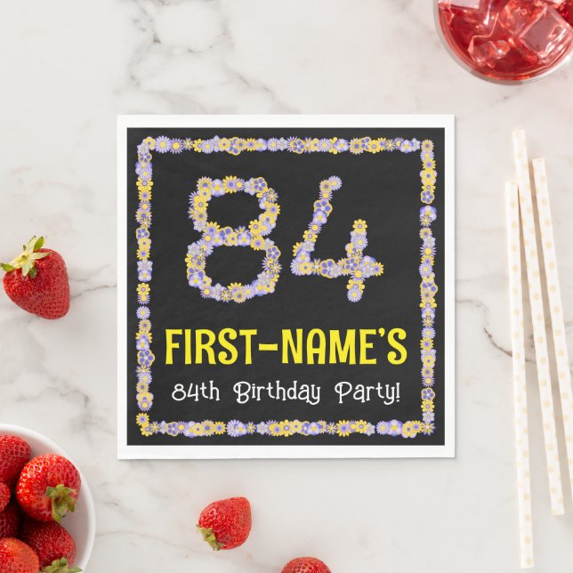84th Birthday: Floral Flowers Number, Custom Name Napkins (Insitu)