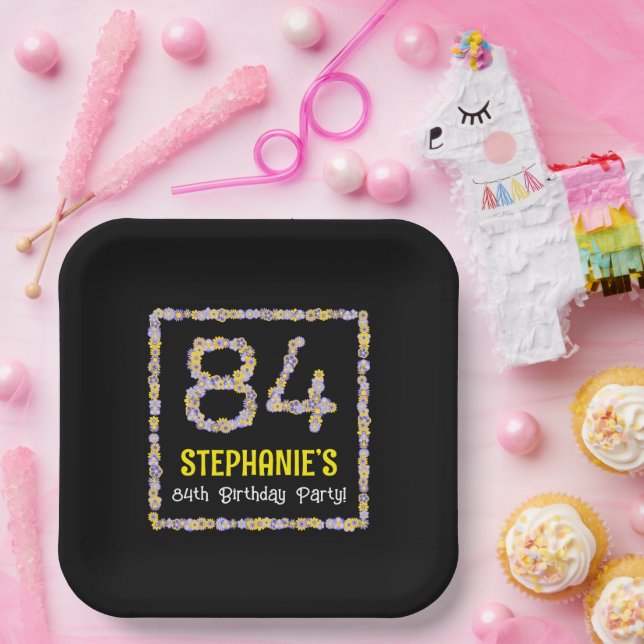 84th Birthday: Floral Flowers Number, Custom Name Paper Plates (Party)