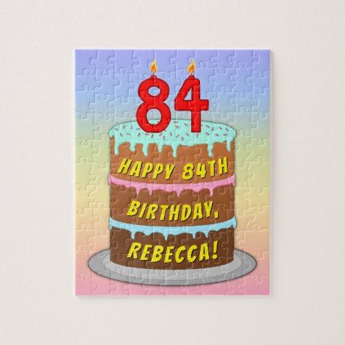 84th Birthday Fun Cake and Candles  Custom Name Jigsaw Puzzle