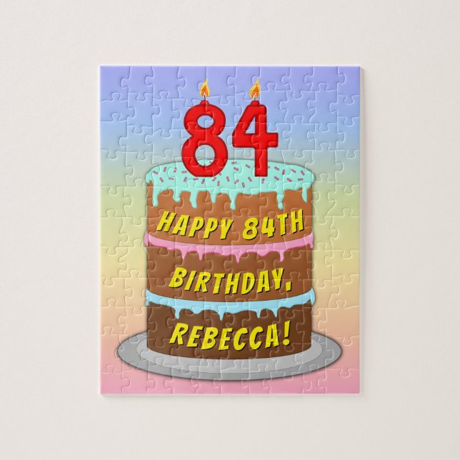 84th Birthday: Fun Cake and Candles + Custom Name Jigsaw Puzzle (Vertical)