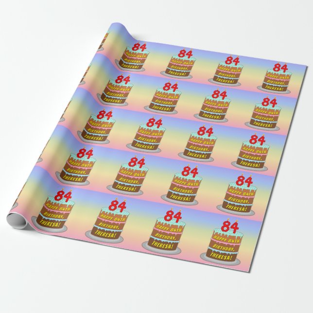 84th Birthday: Fun Cake and Candles + Custom Name Wrapping Paper (Unrolled)