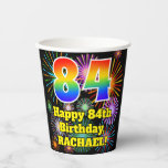 [ Thumbnail: 84th Birthday: Fun Fireworks Pattern + Rainbow 84 Paper Cups ]