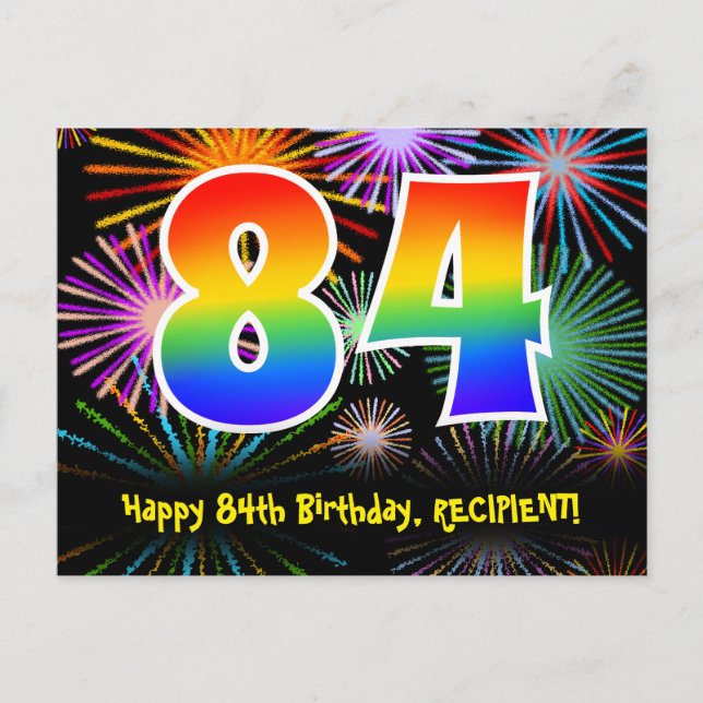 84th Birthday – Fun Fireworks Pattern + Rainbow 84 Postcard (Front)