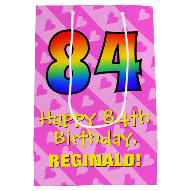 84th Birthday: Fun Pink Hearts Stripes; Rainbow 84 Medium Gift Bag (Back)