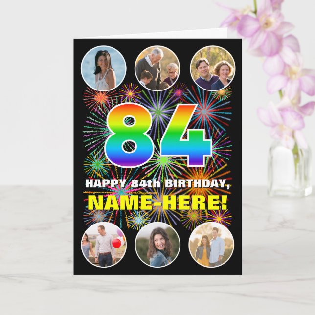 84th Birthday: Fun Rainbow #, Custom Name & Photos Card (Orchid)