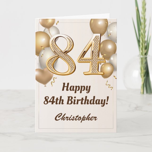84th Birthday Gold Balloons and Confetti Birthday Card (Front)