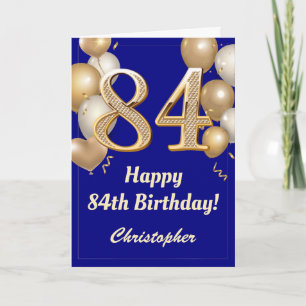 84th Birthday Navy Blue and Gold Balloons Confetti Card