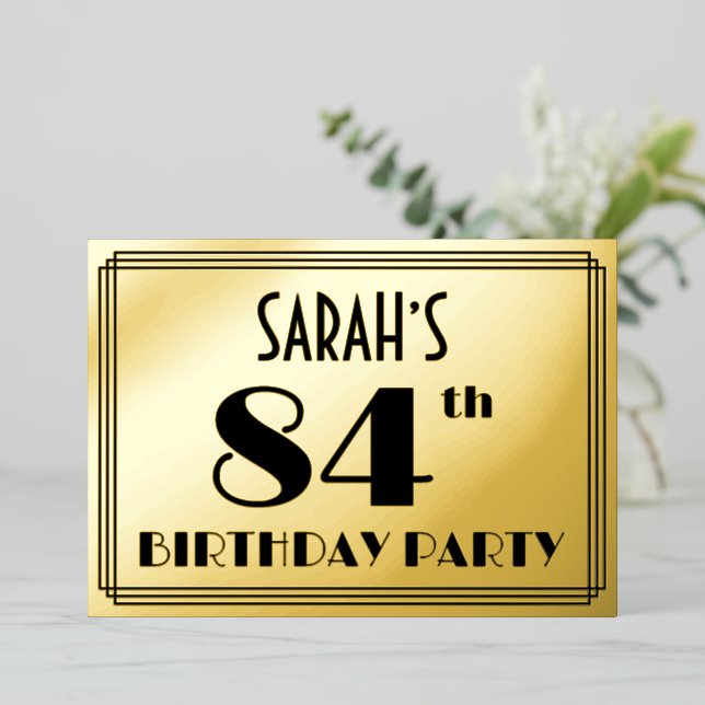 84th Birthday Party — Art Deco Look “84” + Name Foil Invitation (Standing Front)