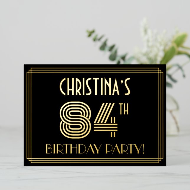 84th Birthday Party — Art Deco Style “84” + Name Foil Invitation (Standing Front)