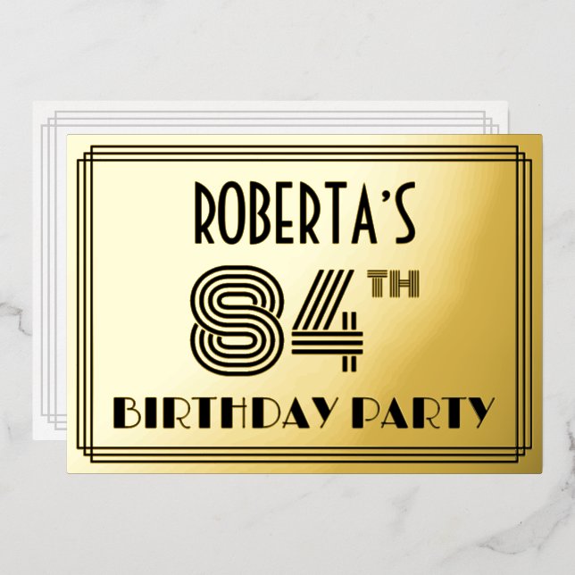 84th Birthday Party — Art Deco Style “84” & Name Foil Invitation (Front/Back)