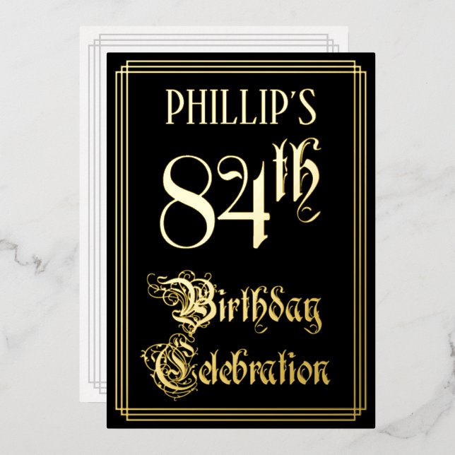 84th Birthday Party — Fancy Script & Custom Name Foil Invitation (Front/Back)