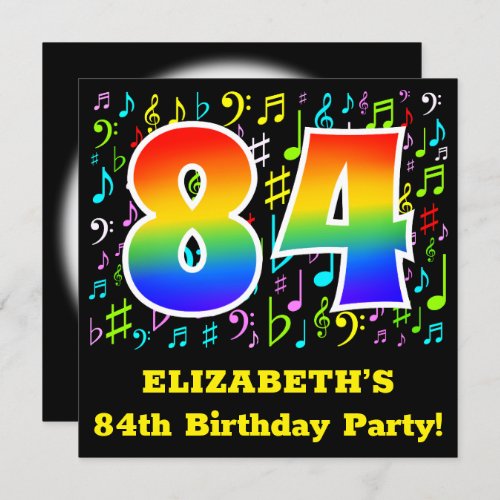 84th Birthday Party Fun Music Symbols Rainbow 84 Invitation
